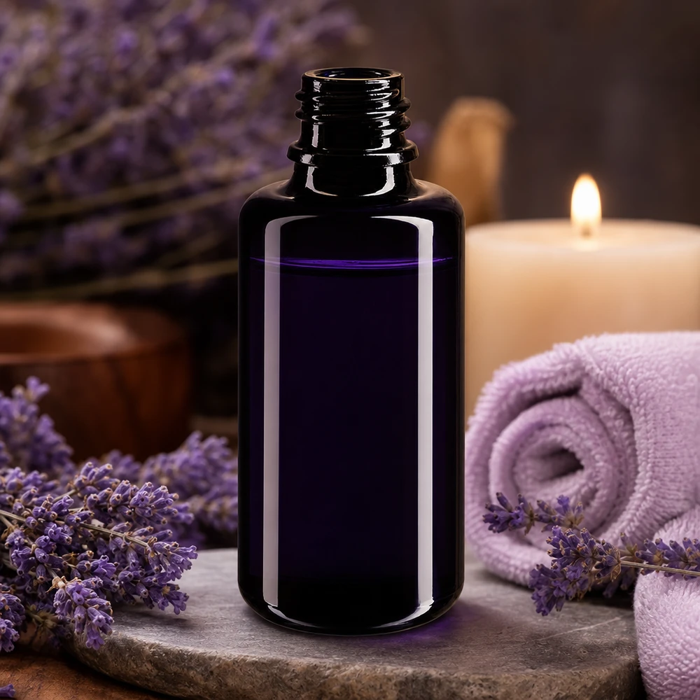 Elegancka butelka z zakraplaczem Orion 30 ml z ciemnofioletowego szkła do aromaterapii i odnowy biologicznej