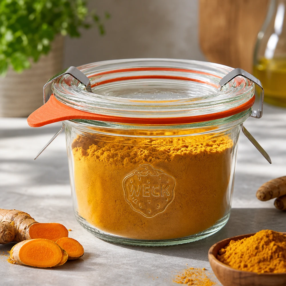 Kubki o pojemności 80 ml w komplecie WECK RR60 Pojemniki WECK 80ml RR60 wypełnione kurkumą w proszku umożliwiają hermetyczne przechowywanie przypraw i proszków.