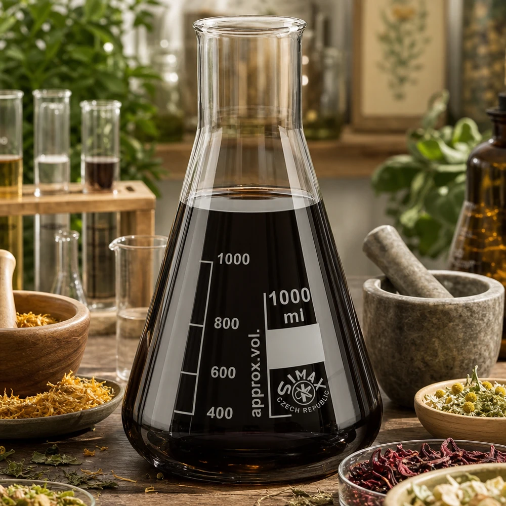 Duża kolba Erlenmeyera 1000 ml z czarnym płynem i podziałką między naturalnymi ziołami