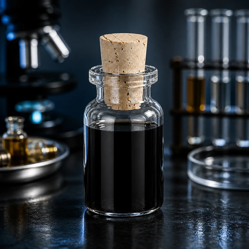 Przezroczysta szklana butelka 10 ml z korkiem 11/14 mm Versiegelte Klarglas-Flasche 10ml mit Korkstopfen 11/14mm neben Petrischale und Reagenzgläsern