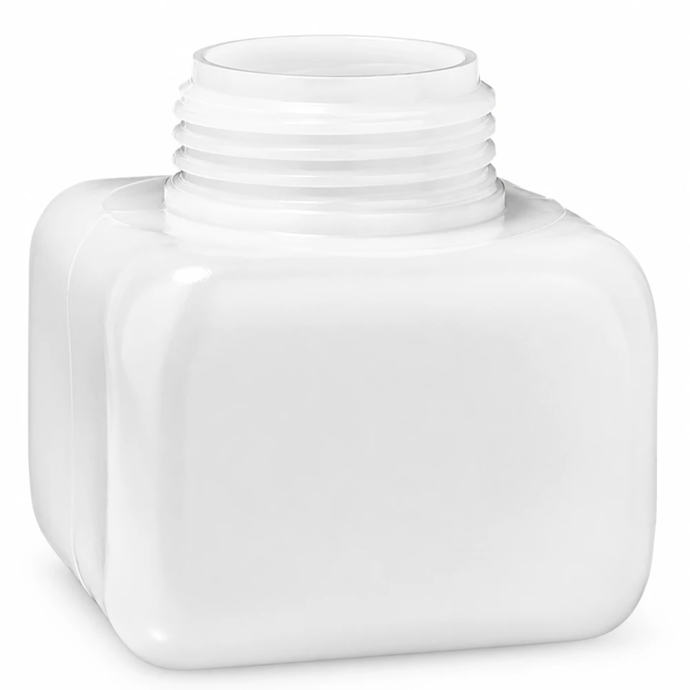 Butelka na chemikalia 250ml, szeroka szyjka wykonana z PE-HD, kolor naturalny, GL 50 Butelka na chemikalia 250 ml, z szeroką szyjką, z polietylenu HD (PE-HD), w kolorze naturalnej bieli, o kwadratowym kształcie, bez pokrywki