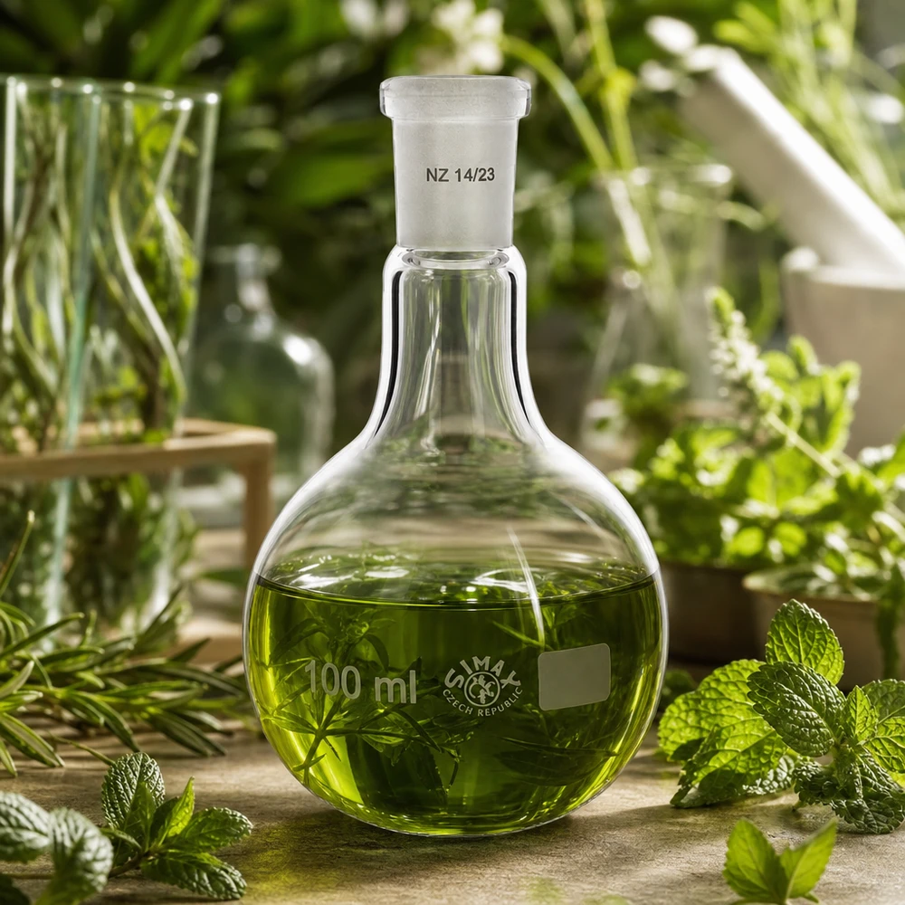 Kolba stojąca 100 ml z zielonym roztworem i miętową dekoracją do ekstrakcji botanicznej