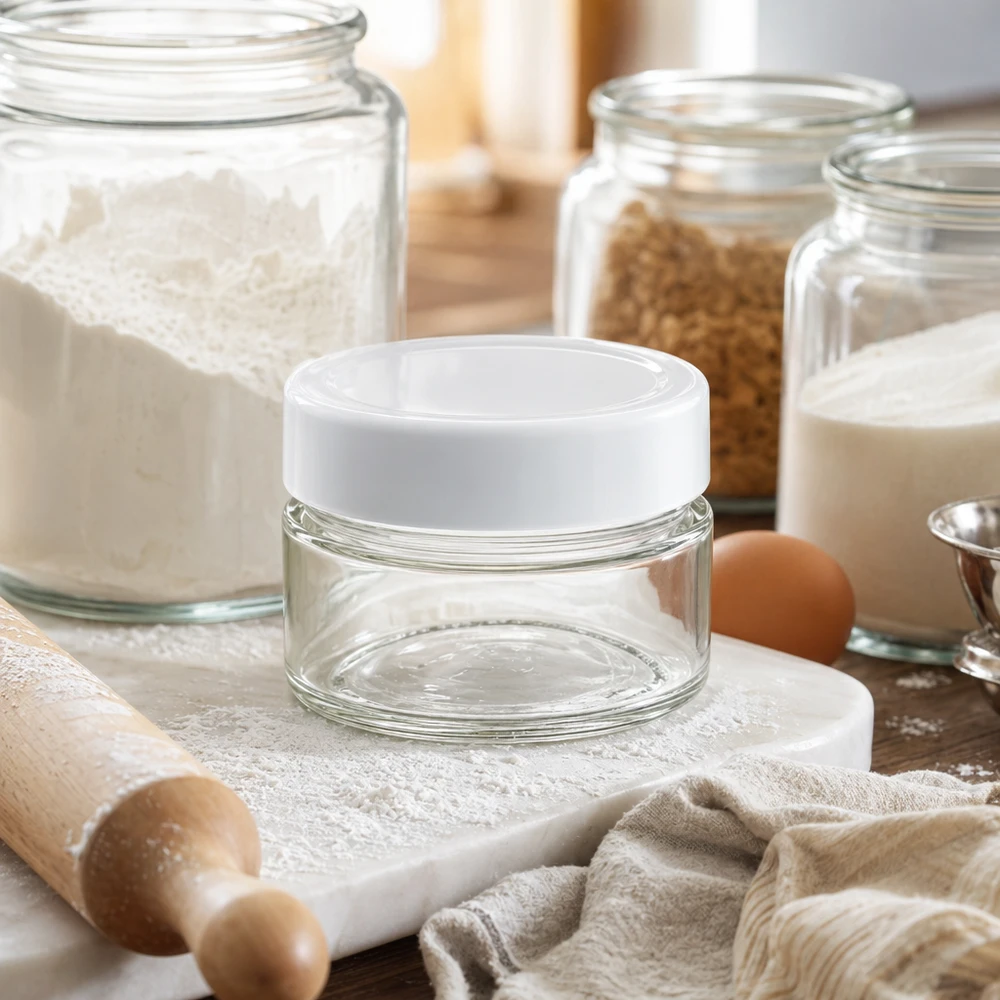 Okrągły słoik 80 ml z pokrywką BasicSeal w kuchni ze składnikami do pieczenia - wszechstronny szklany pojemnik na żywność