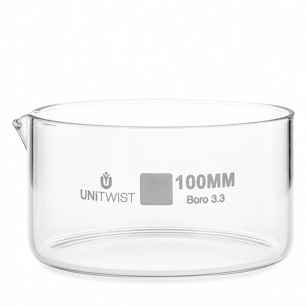 Naczynie krystalizacyjne ø100 mm ze szkła borokrzemowego UNiTWIST Miska do krystalizacji 100 mm ze szkła borokrzemowego UNiTWIST Boro 3.3, przezroczysta, cylindryczna, z wylewką