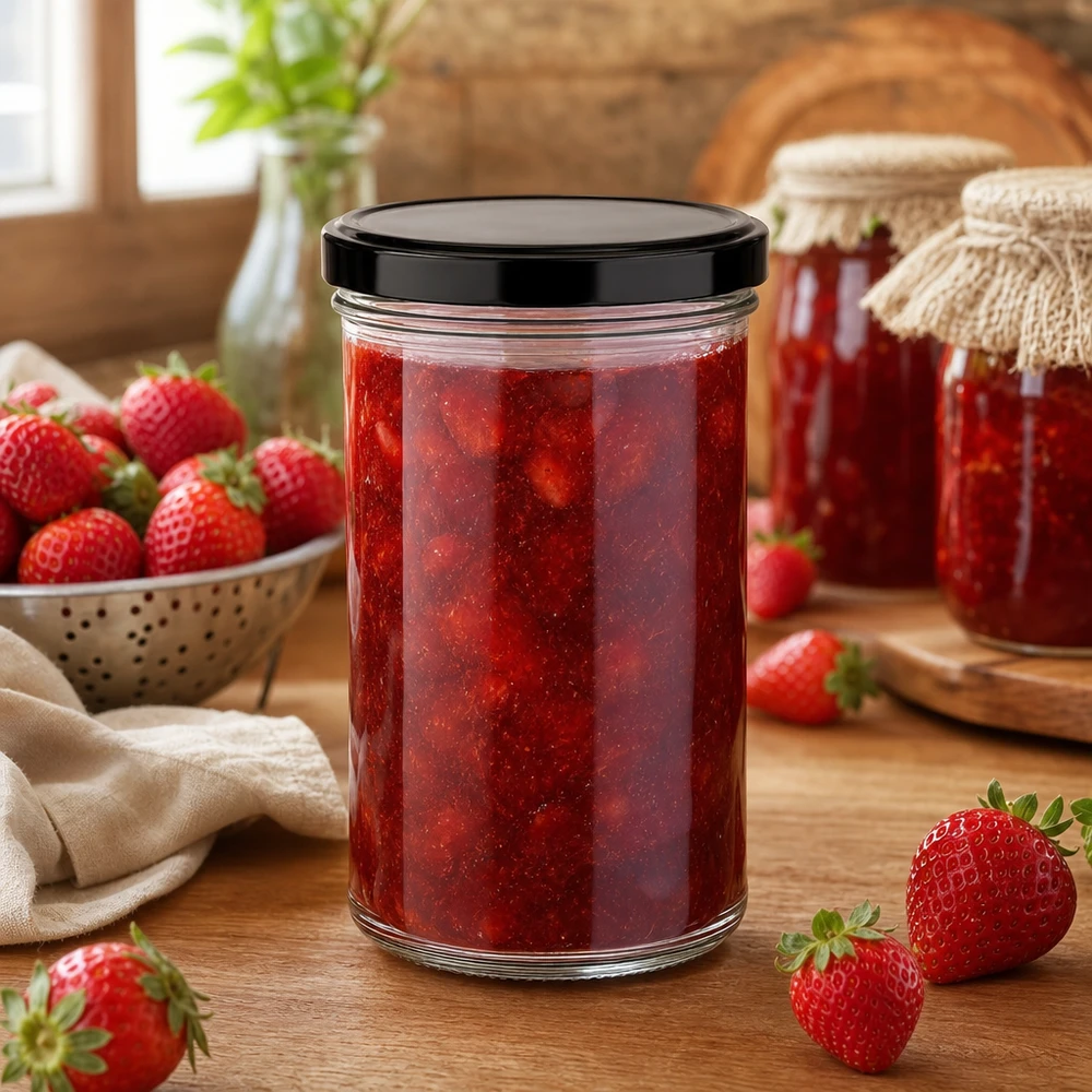 Słoik z pokrywką BasicSeal czarna UN.. 277ml Sturzglas gefüllt mit Erdbeermarmelade BasicSeal Deckel schwarz Einmachglas für Konfitüre und Aufstriche