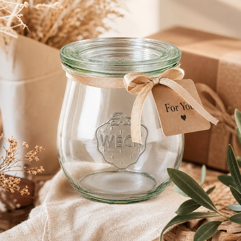 Słoik WECK tulipan 220ml RR60 na prezent ozdobiony beżową kokardką i przywieszką For You w naturalnym klimacie