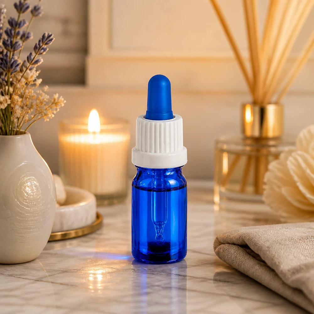 Butelka do leków płynnych 5 ml pipetowa biała/niebieska OV BlueLine UT18/5 Elegancka butelka z pipetą 5 ml w kolorze kobaltowego błękitu z białą pipetą do aromaterapii i kosmetyków