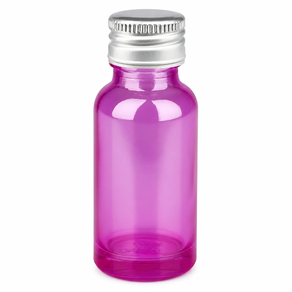 Butelka 20ml 11mm zakrętka aluminiowo-srebrna standard PurpleLine.UT18/20 20 ml fioletowa szklana butelka ze srebrną aluminiową nasadką na kosmetyki i olejki eteryczne