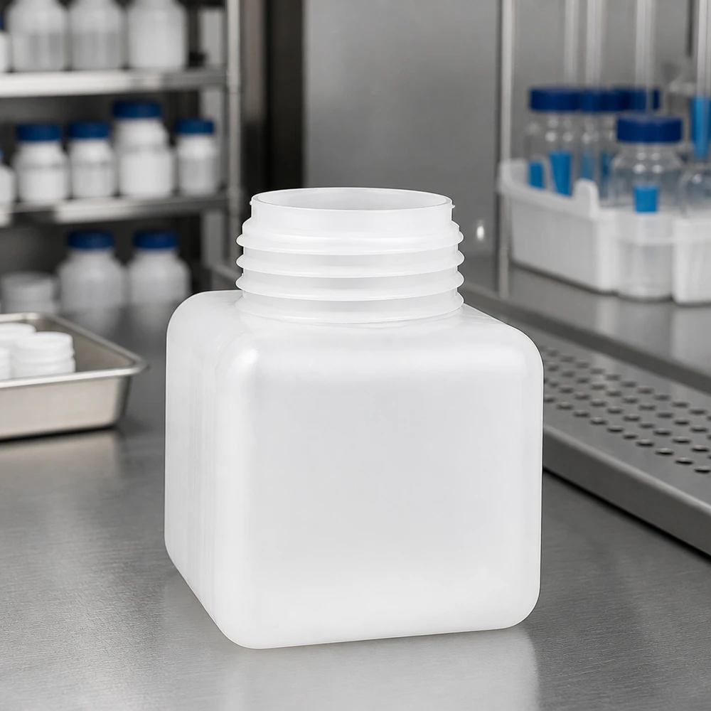 Kwadratowa butelka z szeroką szyjką o pojemności 500 ml, wykonana z PE-HD w kolorze naturalnym, przeznaczona do zastosowań laboratoryjnych, na powierzchni ze stali nierdzewnej