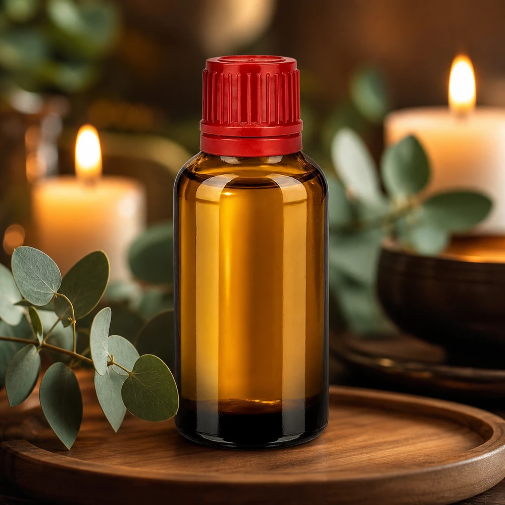 Butelka 30 ml 11 mm SV czerwona OV BrownLine UT18/30 Mała szklana butelka o pojemności 30 ml w kolorze brązowym z czerwoną pokrywką, idealna do aromaterapii i kosmetyków.