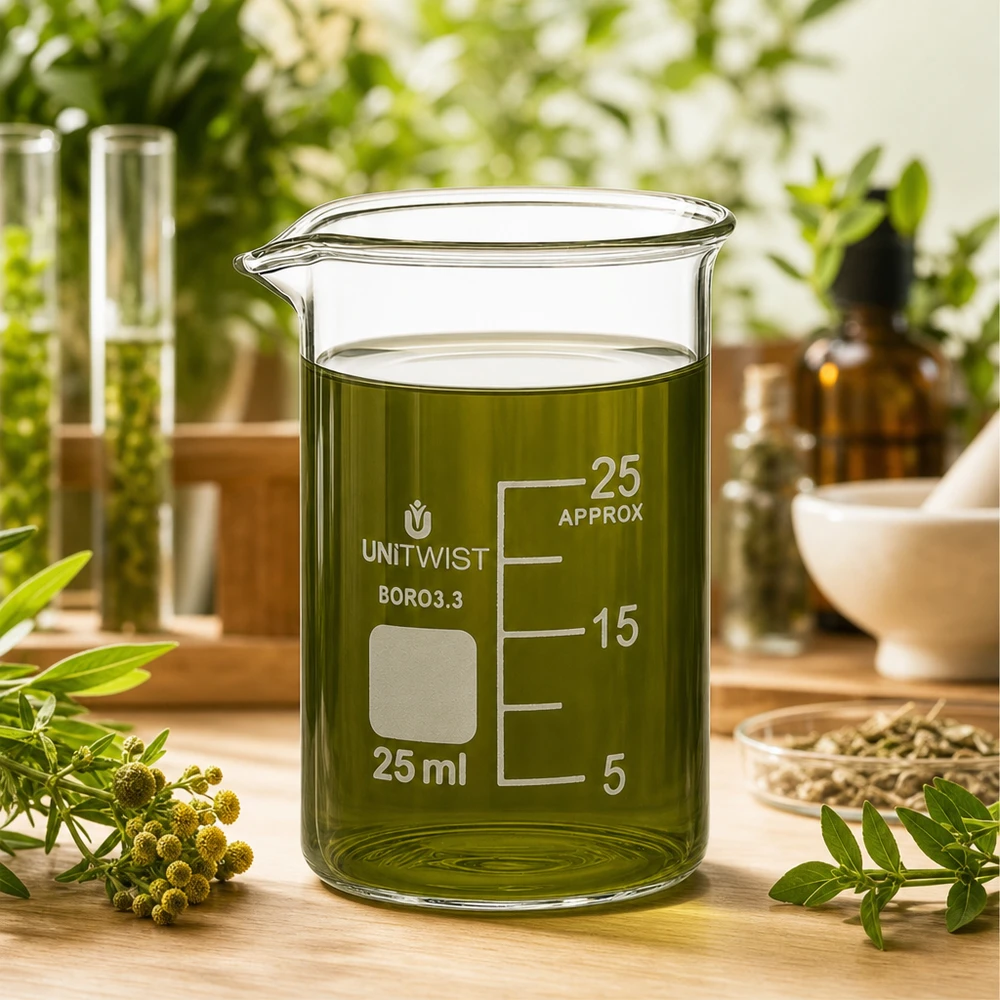 Zlewka 25 ml borokrzemianowa, niskoprofilowa UNiTWIST Szklanka UNiTWIST o pojemności 25 ml z zielonym ekstraktem ziołowym, otoczona świeżymi roślinami leczniczymi na drewnianej podstawce