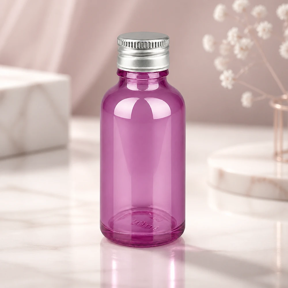 Butelka 30ml 11mm zakrętka aluminiowo-srebrna standard PurpleLine.UT18/30 Przezroczysta fioletowa szklana butelka 30 ml z błyszczącą aluminiową nasadką do aromaterapii