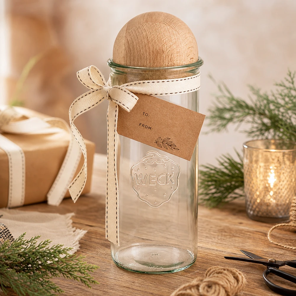Tumbler 1500ml WECK RR100 z drewnianą kulką buk Kubki WECK 1500ml RR100 jako opakowanie prezentowe ozdobione kulką z drewna bukowego, wstążką prezentową i przywieszką