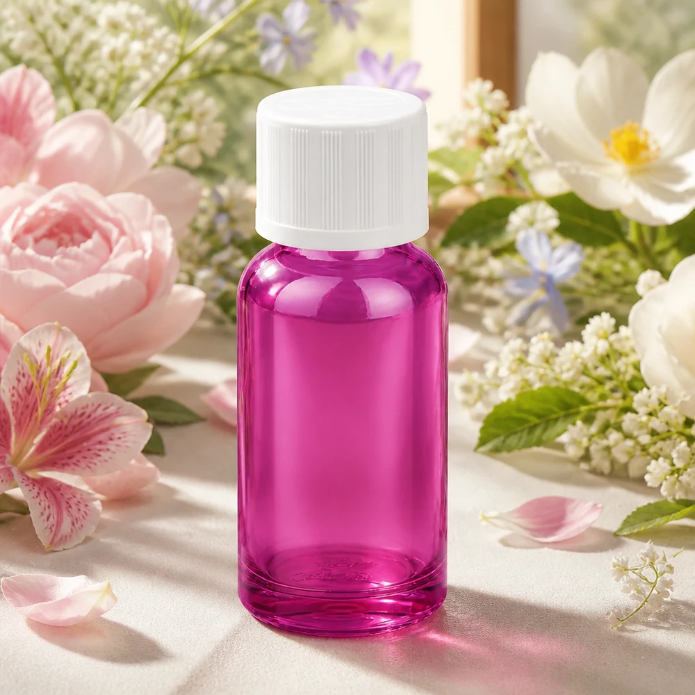 Mała szklana butelka 20 ml w eleganckim fioletowym kolorze z białą nakrętką do zastosowań mobilnych
