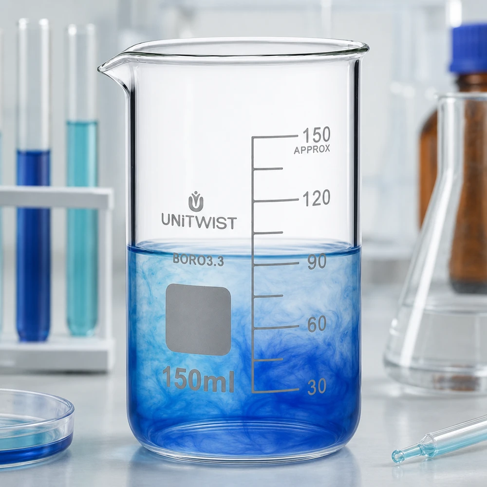 Zlewka 150 ml borokrzemianowa, wysoka UNITWIST Szklanka UNITWIST o pojemności 150 ml, wykonana ze szkła borokrzemowego, o wysokim profilu, z podziałką i niebieskim roztworem w laboratorium