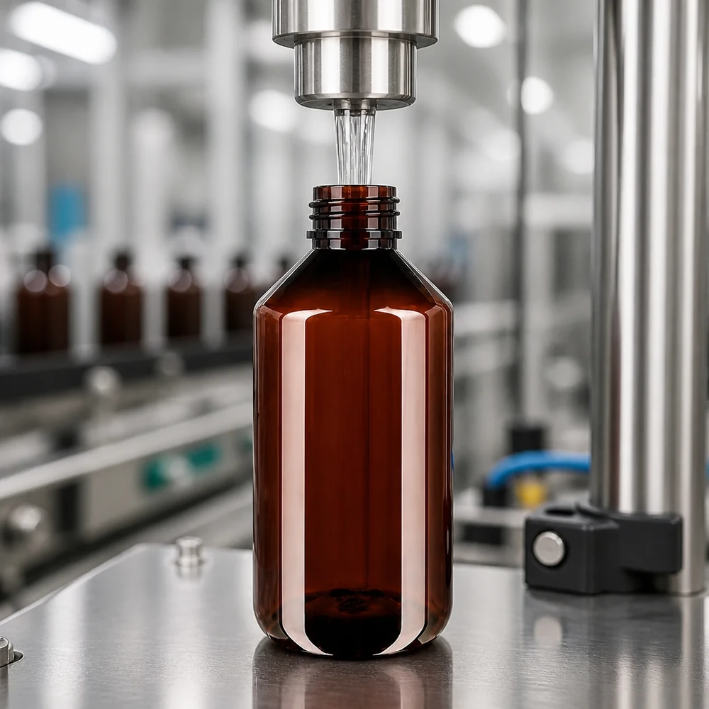 Przemysłowa linia rozlewnicza napełnia brązową butelkę PET o pojemności 750 ml z białym zamknięciem zabezpieczającym