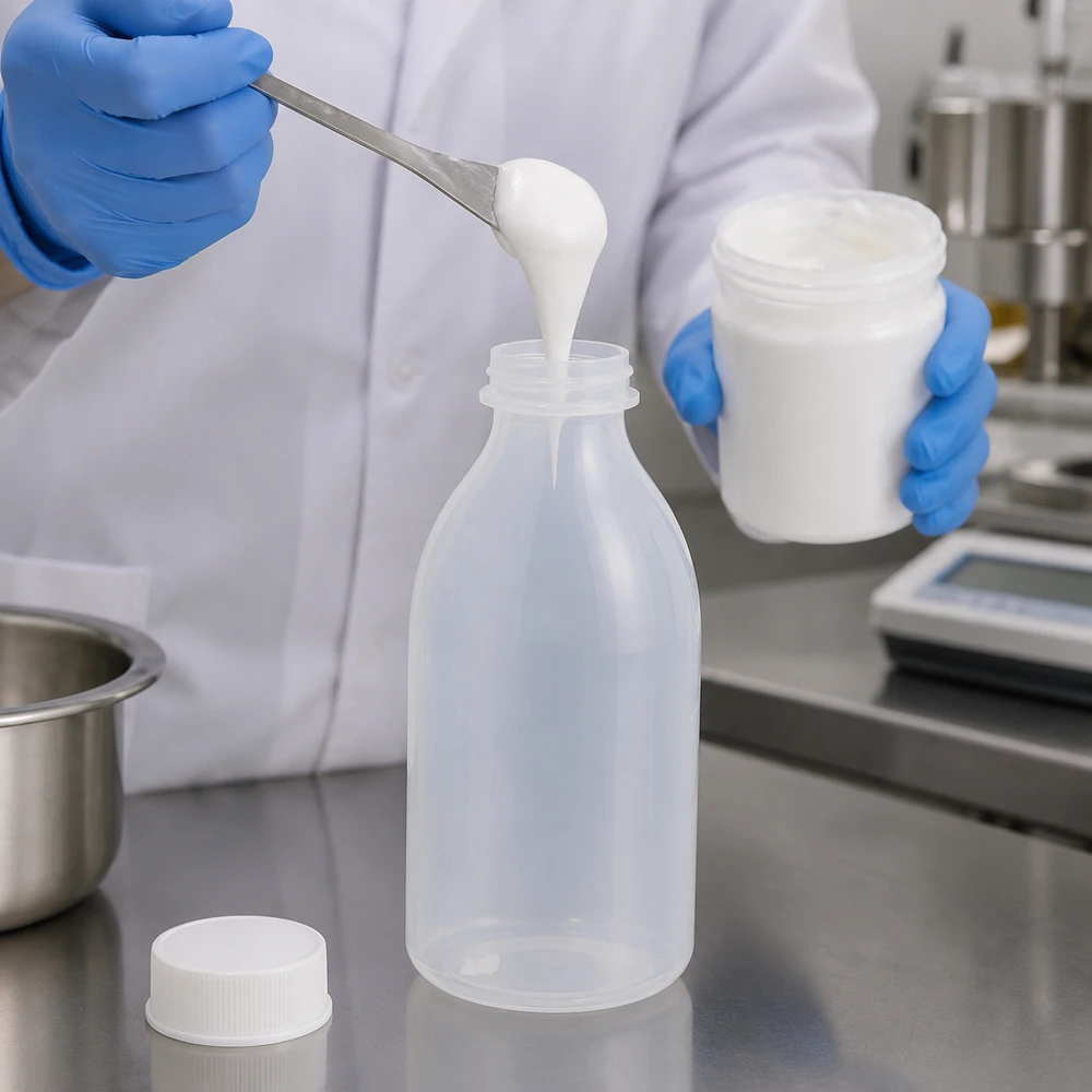 Laborant przenosi białą pastę za pomocą szpatułki do przezroczystej butelki laboratoryjnej o pojemności 250 ml i wąskiej szyjce