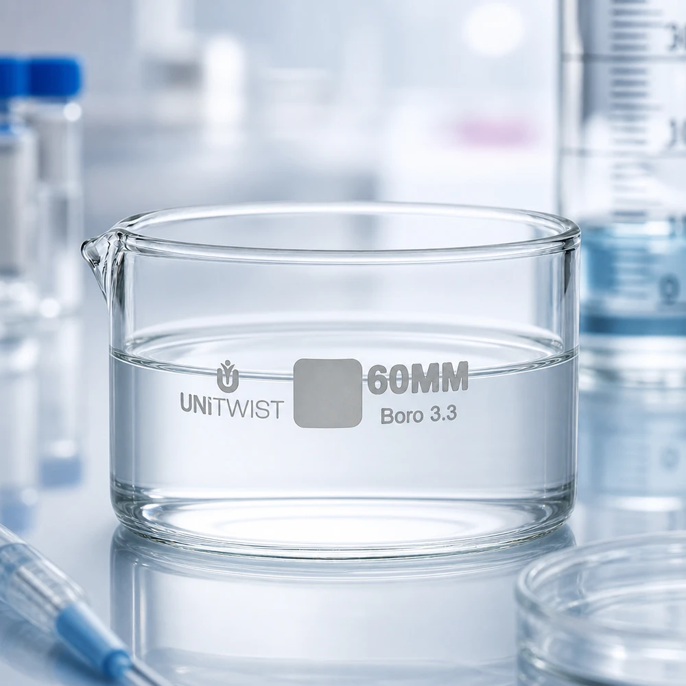 Miska do krystalizacji 60 mm UNiTWIST wypełniona czystą wodą na błyszczącym blacie laboratoryjnym