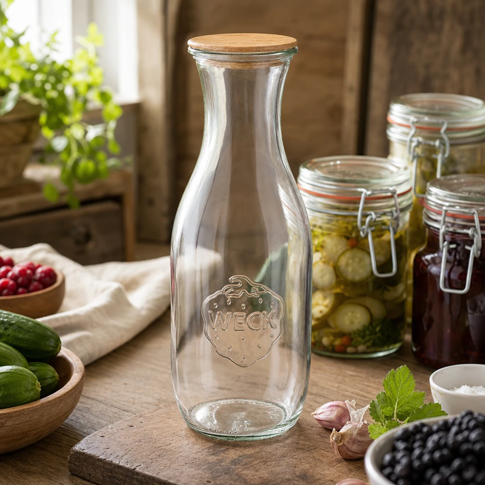 Butelka na sok WECK 1062 ml z drewnianą pokrywką w rustykalnej kuchni ze słoikami na warzywa i naturalną dekoracją