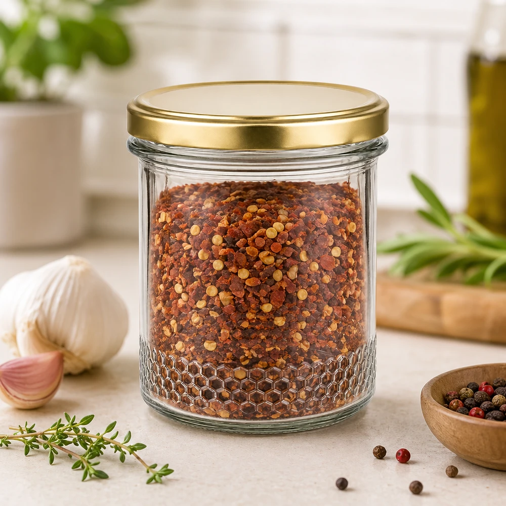 Słoik na miód o pojemności 400 ml z pokrywką BasicSeal gold UNiTWIST jako słoik na płatki chili w kuchennej atmosferze