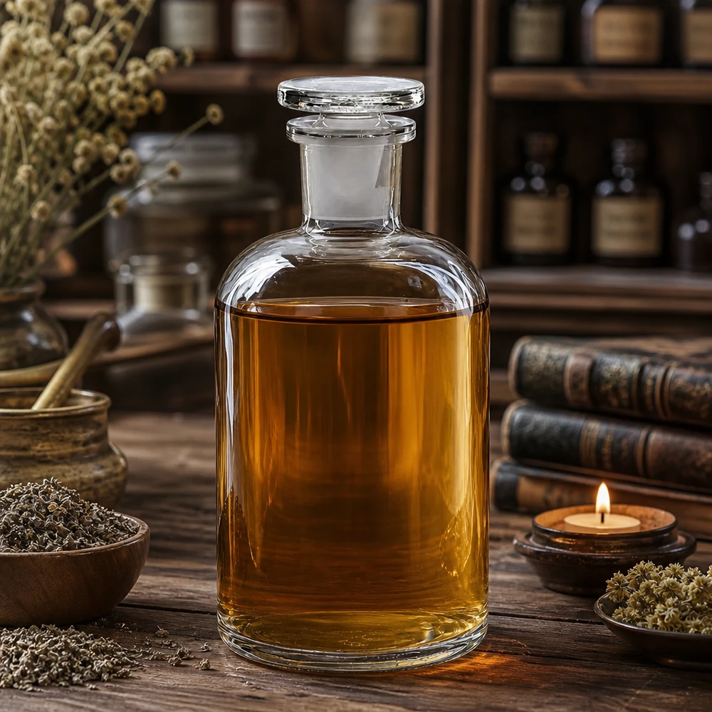 Przezroczysta szklana butelka o pojemności 500 ml z wąską szyjką i szklanym korkiem, przeznaczona do przechowywania olejków, nalewek i esencji