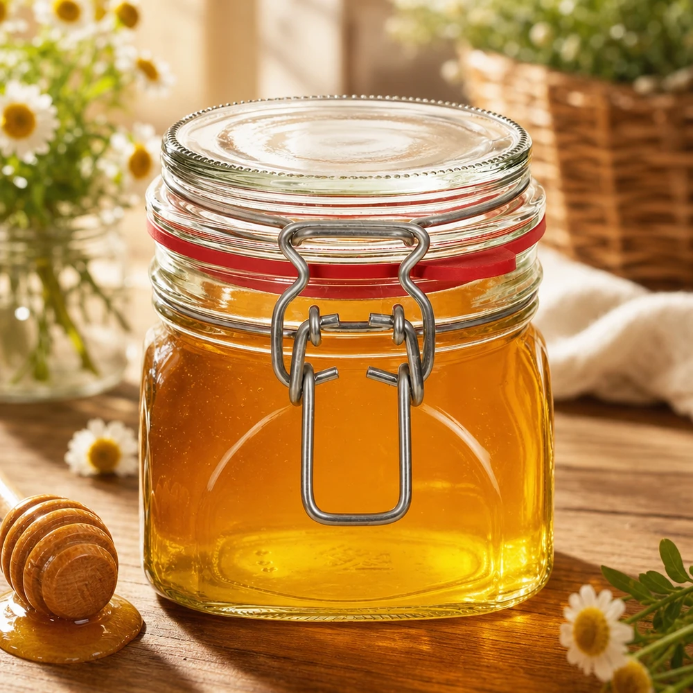 Słoik do przetworów o pojemności 370 ml wypełniony miodem z wytrzymałą uchylną pokrywką na naturalne słodziki