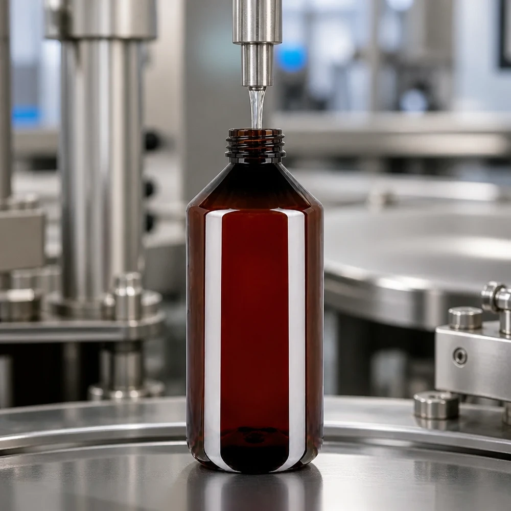 Przemysłowe napełnianie brązowych butelek PET o pojemności 1000 ml na linii rozlewniczej ze stali nierdzewnej wyposażonej w precyzyjną dyszę