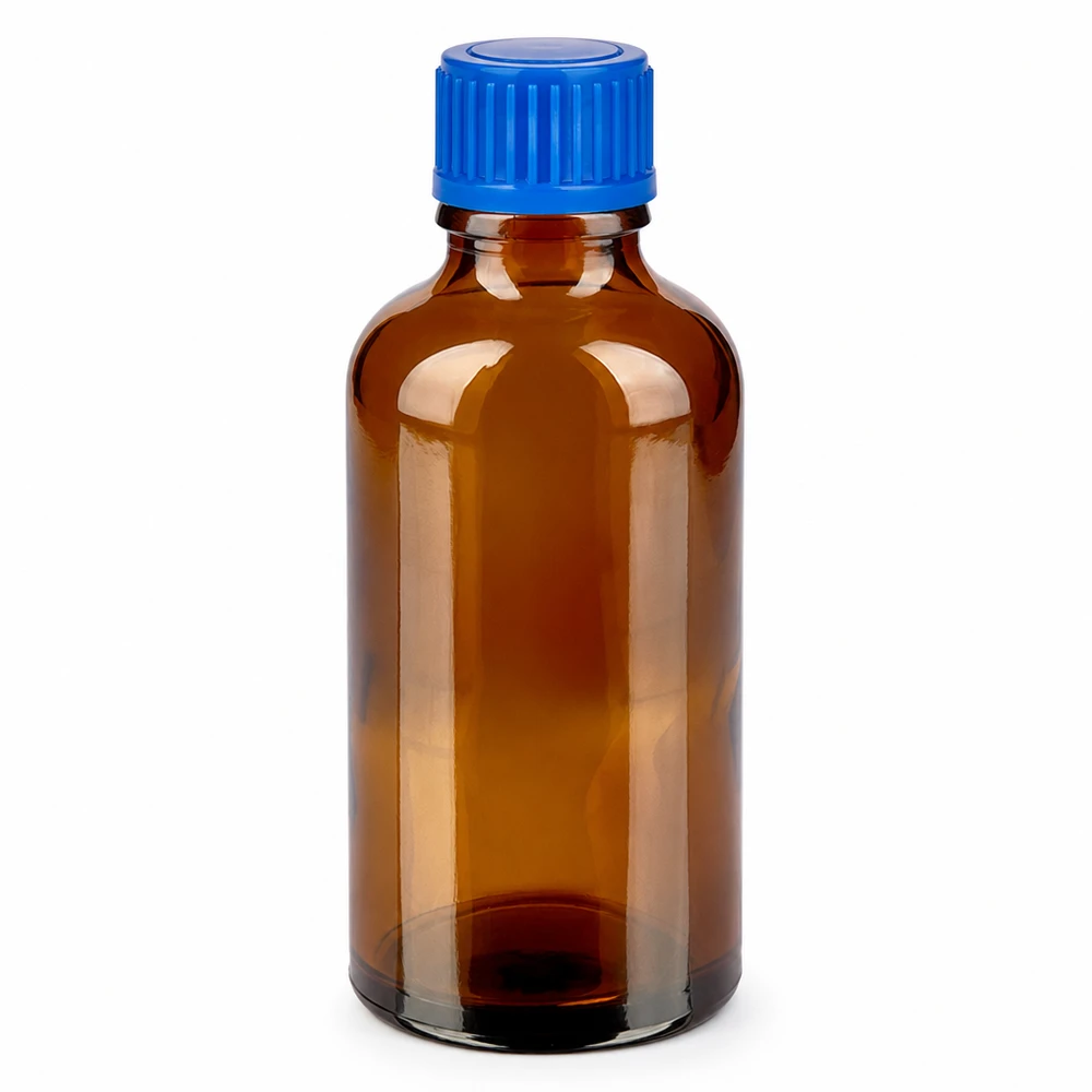 Butelka 50 ml 11 mm SV niebieski STD BrownLine UT18/50 Butelka z bursztynowego szkła o pojemności 50 ml z niebieską zakrętką do leków i farmaceutyków