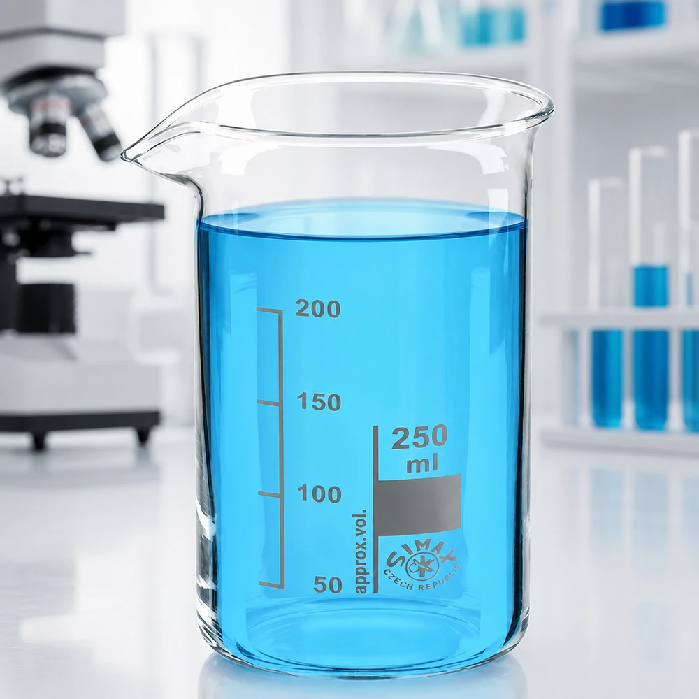 Zlewka 250 ml ze szkła borokrzemowego, wysoka Pusta zlewka o pojemności 250 ml, wysoka, wykonana ze szkła borokrzemowego, z wylewką, na białym blacie laboratoryjnym