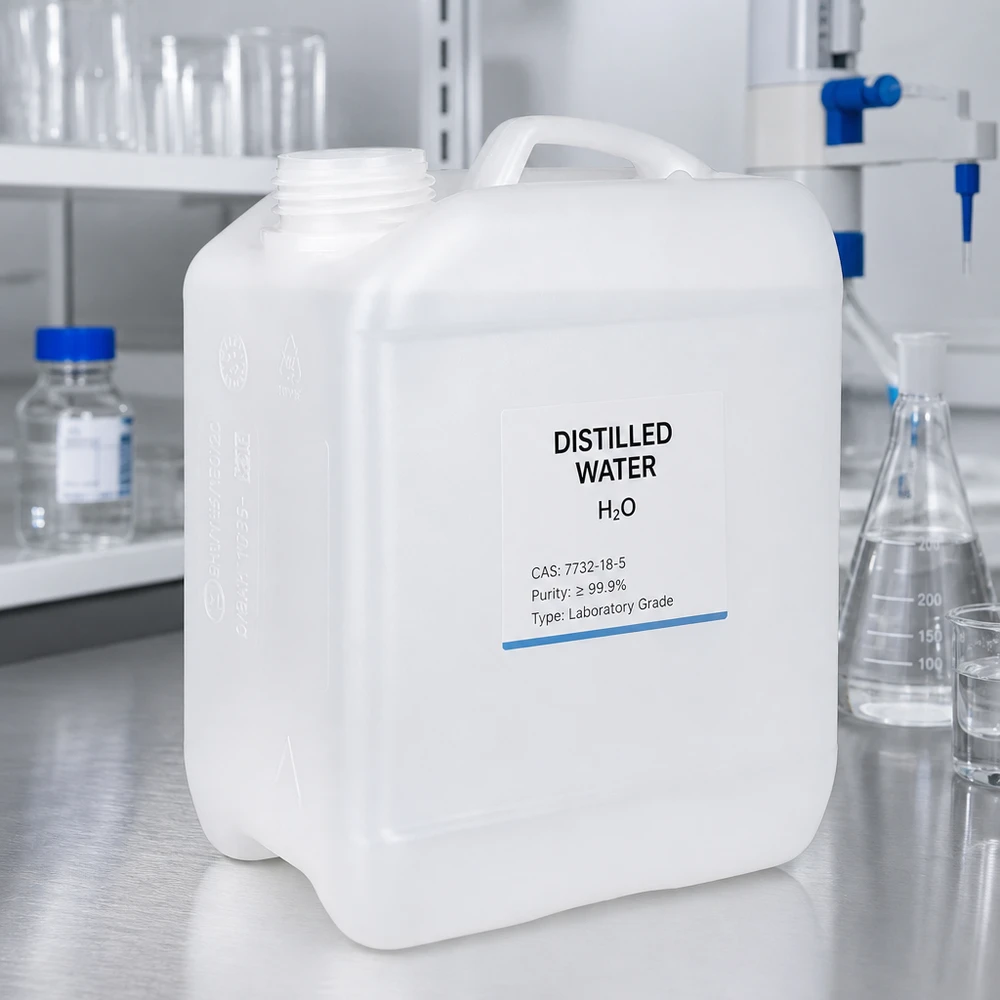 Kanister 2,5 litra bez korka Kanister laboratoryjny o pojemności 2,5 litra, wykonany z HDPE, przeznaczony do wody destylowanej, bez pokrywki, w kolorze białym