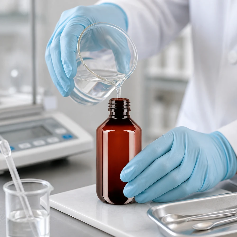 Butelka PET 200ml PP28 bez zakrętki Laborant przelewa przezroczysty płyn z zlewki do brązowej butelki PET o pojemności 200 ml z gwintem PP28