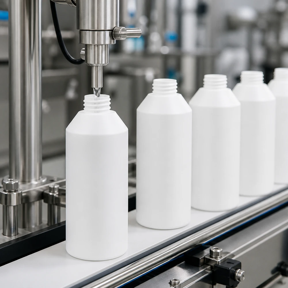 Butelka apteczna HDPE 250 ml biała, bez zakrętki Przemysłowa linia rozlewnicza napełnia białe butelki apteczne z HDPE o pojemności 250 ml na przenośniku taśmowym