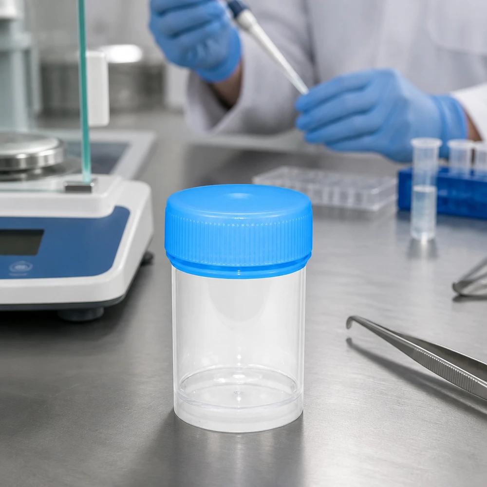 Plastikowy pojemnik o pojemności 20 ml z niebieską zakrętką na blacie ze stali nierdzewnej obok wagi laboratoryjnej