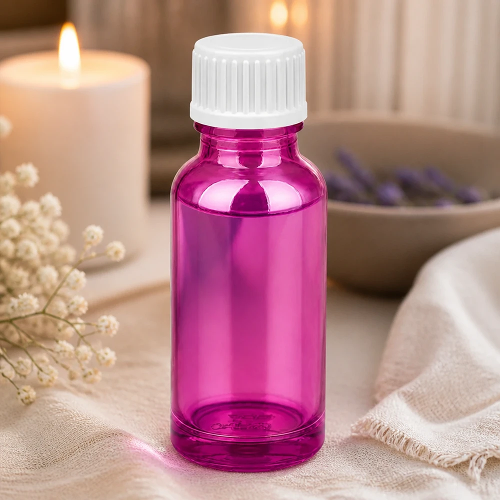 Butelka z zakraplaczem 20ml 0,9mm biała standard PurpleLine. UT18/20 Kompaktowa butelka z zakraplaczem o pojemności 20 ml w kolorze jasnofioletowym do zastosowań aromaterapeutycznych z białą zakrętką