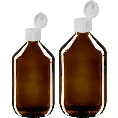 Flacons médicaux bruns avec couvercle à charnière blanc
