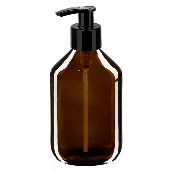 Butelka na lek 300 ml brązowa, z pompką dozującą czarną ApoGlas. Farmaceutyczna jakość produkcji UE. Gwint 28 mm (PP28). (syrop, butelka z lekkiego szkła) Butelka na lek 300 ml brązowa, z pompką dozującą czarną ApoGlas. Farmaceutyczna jakość produkcji UE. Gwint 28 mm (PP28). (syrop, butelka z lekkiego szkła)