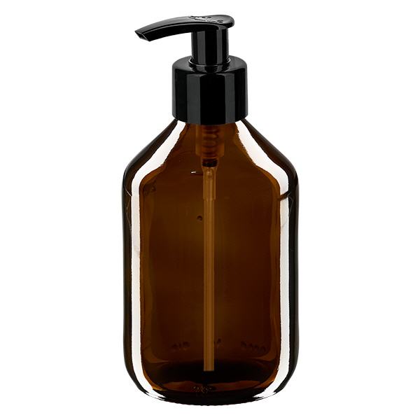Butelka na lek 300 ml brązowa, z pompką dozującą czarną ApoGlas. Farmaceutyczna jakość produkcji UE. Gwint 28 mm (PP28). (syrop, butelka z lekkiego szkła) Butelka na lek 300 ml brązowa, z pompką dozującą czarną ApoGlas. Farmaceutyczna jakość produkcji UE. Gwint 28 mm (PP28). (syrop, butelka z lekkiego szkła)