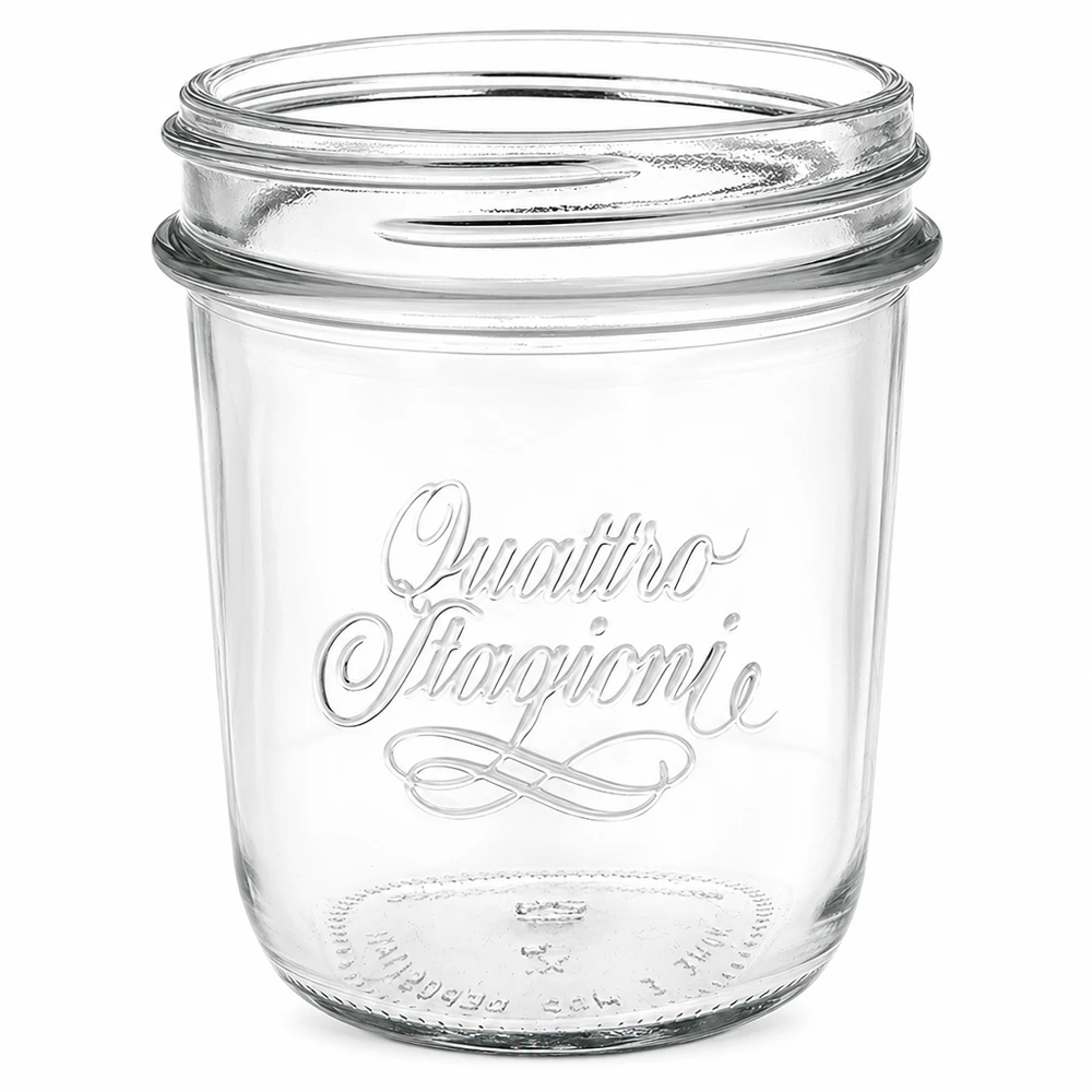 Kubki "Quattro Stagioni" o pojemności 320 ml QS86 mm Puste kubki Quattro Stagioni o pojemności 320 ml z gwintem QS86 mm i eleganckim napisem do konserwowania i puszkowania.