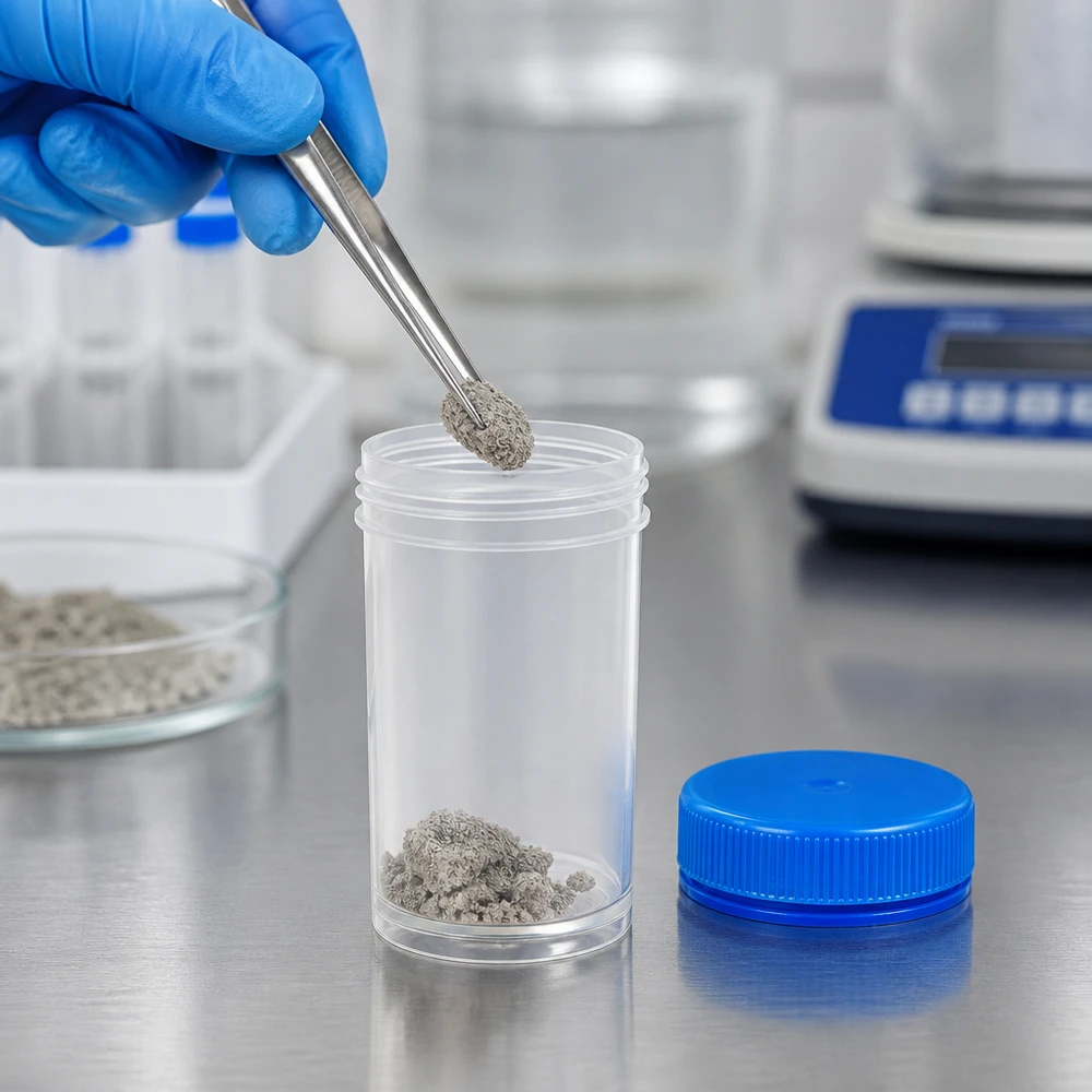 Niebieska zakrętka obok otwartego pojemnika na patogeny o pojemności 50 ml na powierzchni ze stali nierdzewnej w laboratorium