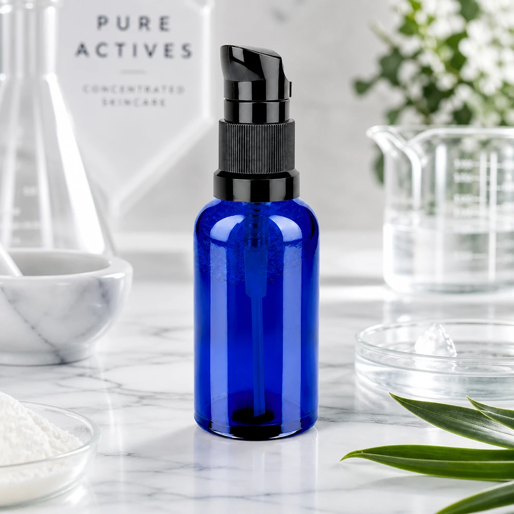 Wysokiej jakości szklana butelka 50 ml z matową czarną pompką do luksusowych produktów do pielęgnacji skóry STD BlueLine UT18/50