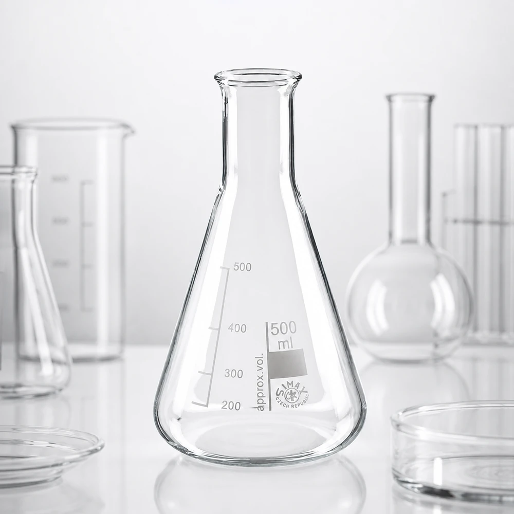 Kolba stożkowa Erlenmeyera 500 ml wykonana z przezroczystego szkła laboratoryjnego z precyzyjnymi oznaczeniami objętości