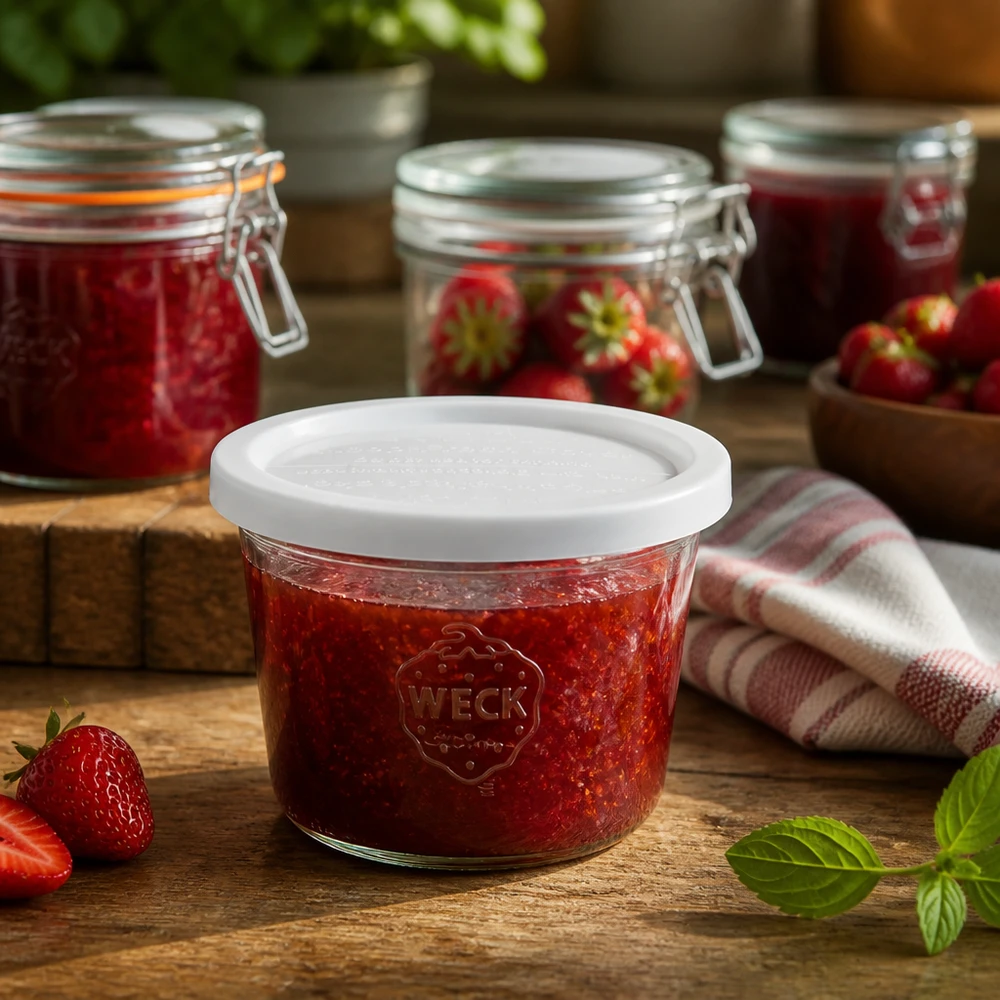 Słoik o pojemności 370 ml z pokrywką zachowującą świeżość WECK RR100 Słoik WECK 370ml RR100 wypełniony dżemem truskawkowym w rustykalnej kuchni obok świeżych truskawek i słoików na przetwory