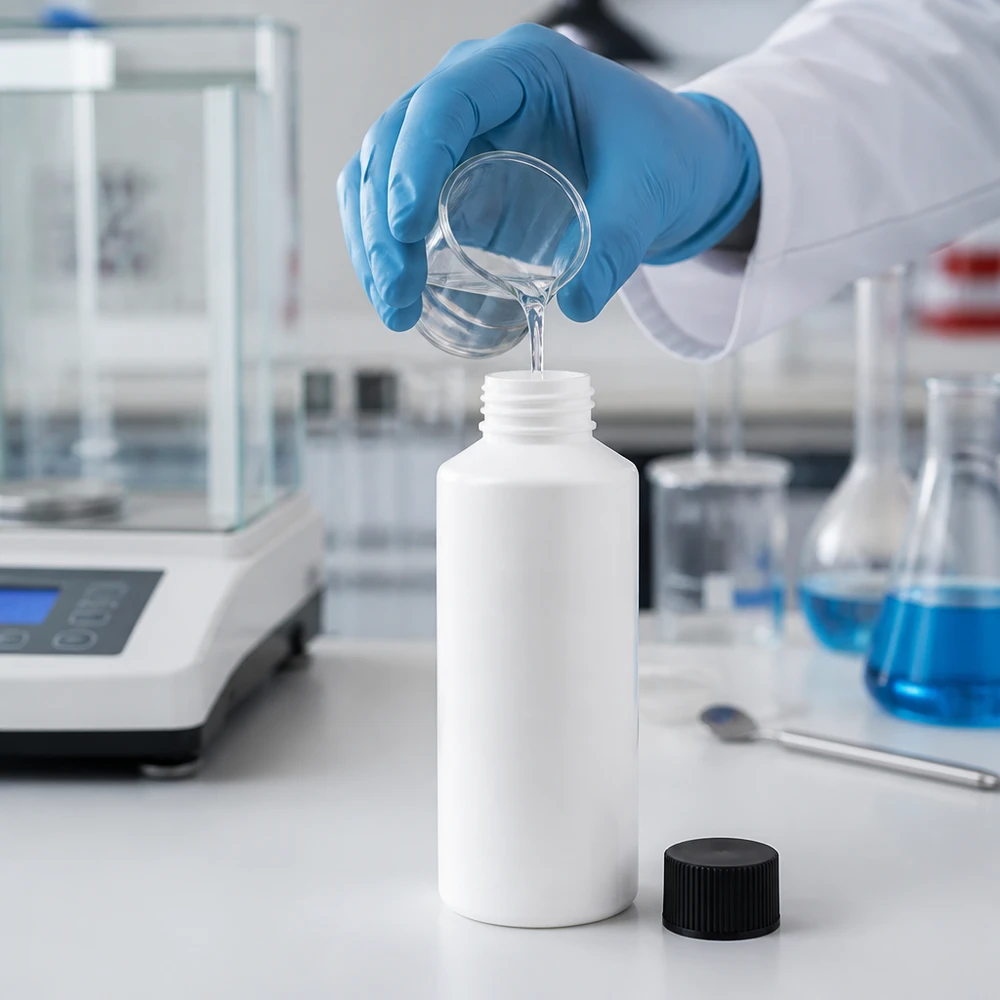 Butelka apteczna HDPE 100ml biała, z czarnym SV Przezroczysty płyn jest rozlewany do białej butelki aptecznej z HDPE o pojemności 100 ml z czarną zakrętką