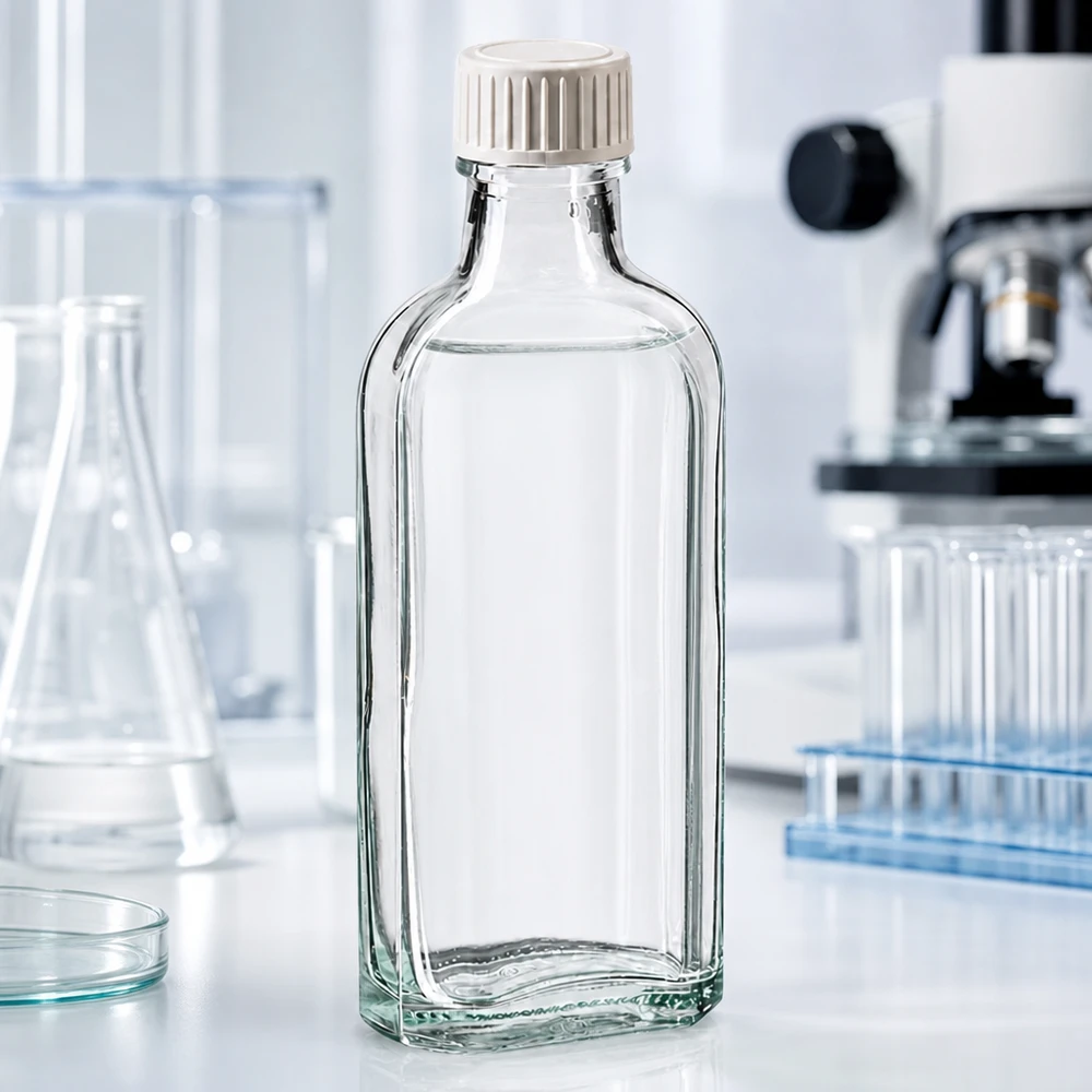 Płaska butelka laboratoryjna o pojemności 100 ml, wykonana z przezroczystego szkła, z białą plastikową zakrętką