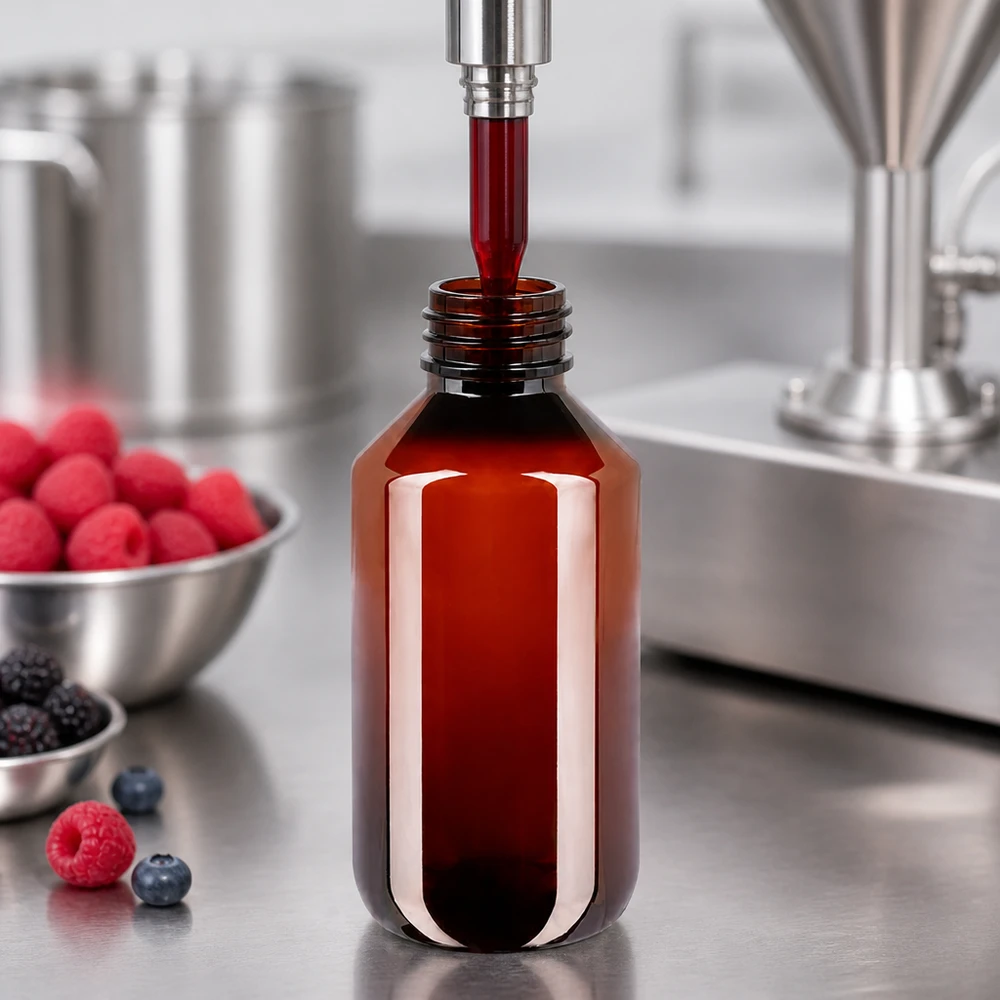 Brązowa okrągła butelka PET o pojemności 100 ml jest napełniana czerwonym sokiem jagodowym. Linia rozlewnicza do produkcji żywności
