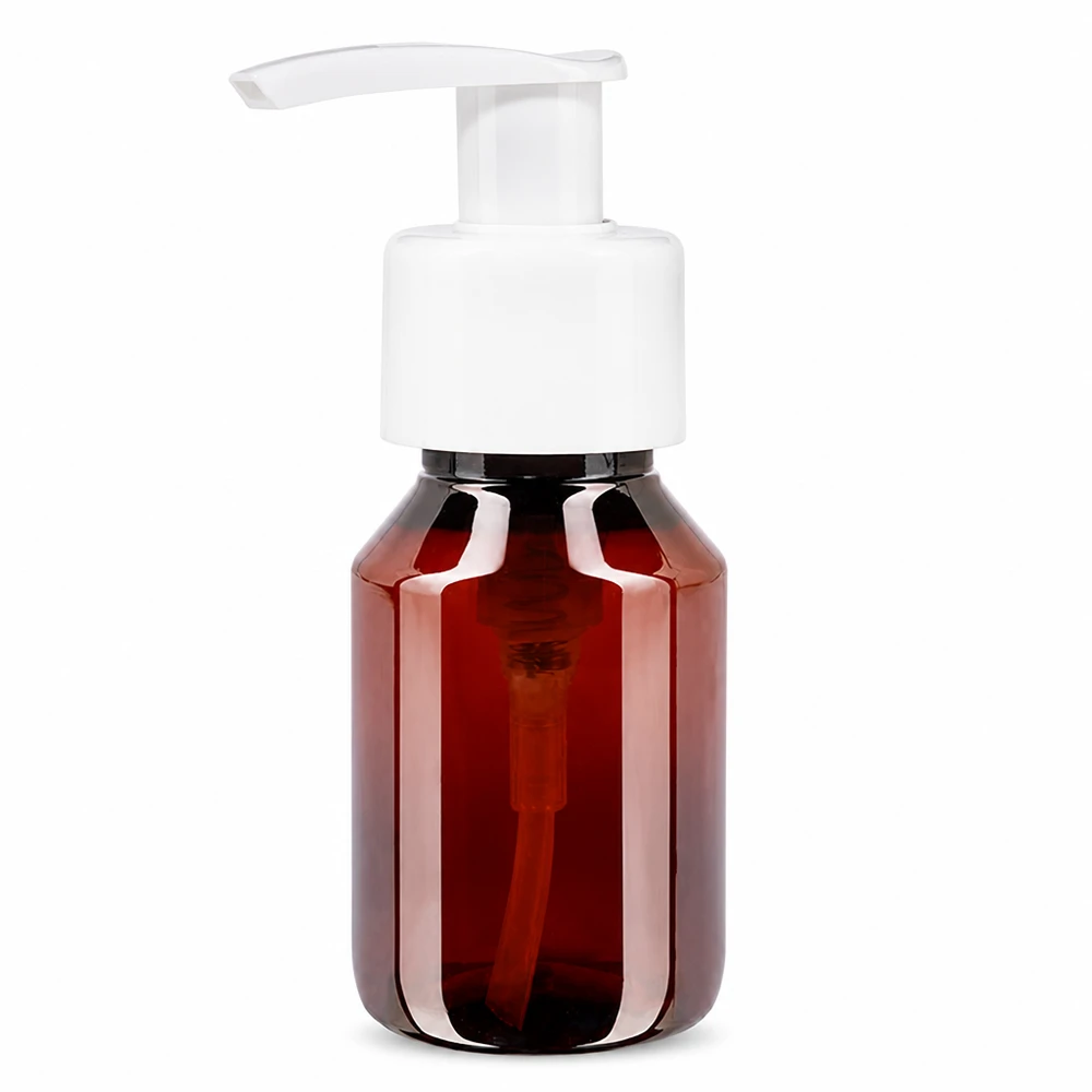 Butelka PET 50ml z pompką dozującą biała Leere amber PET Rundflasche 50ml mit weissem Pumpkopf für flüssige Kosmetikprodukte