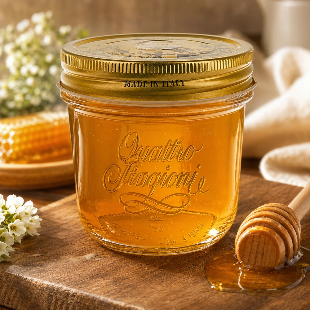 200 ml kubki Quattro Stagioni ze złotą pokrywką wypełnione miodem na drewnianym stole z łyżką miodu i kwiatami
