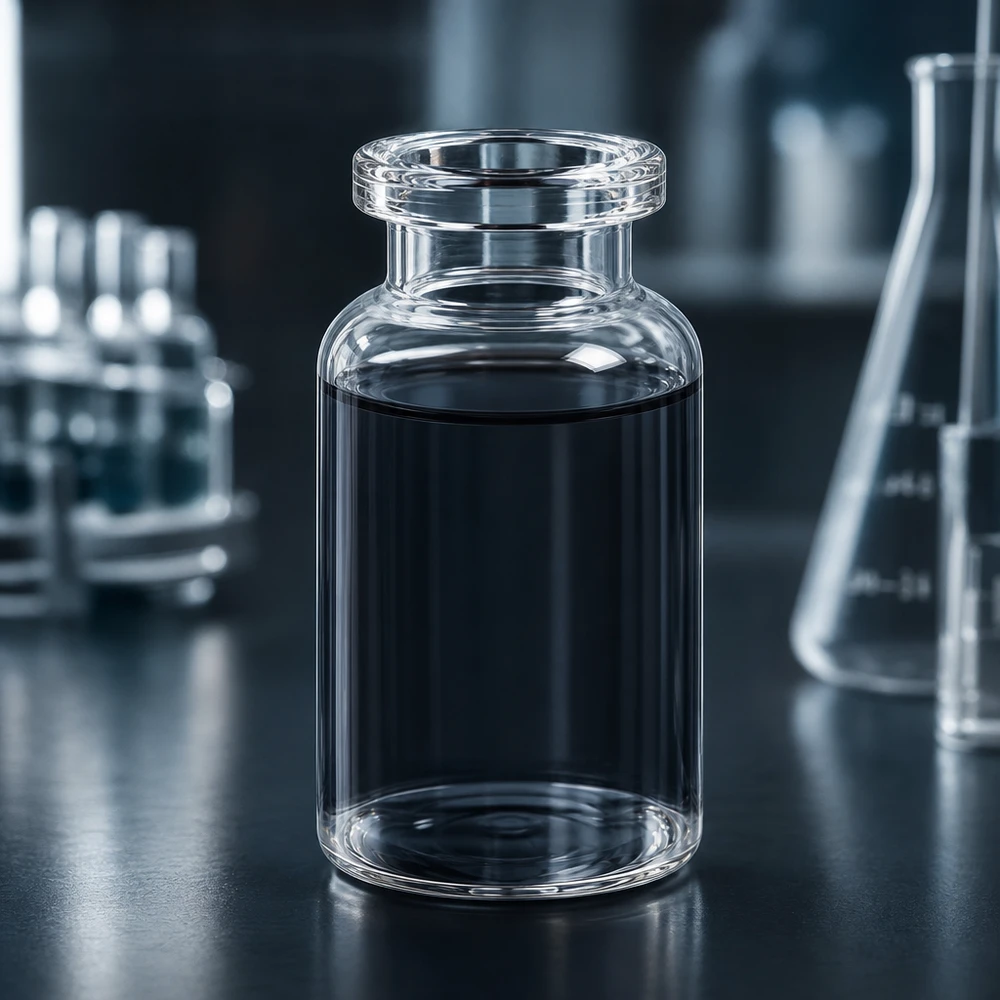 Butelka iniekcyjna z przezroczystego szkła 10 ml Hochwertige Klarglas Injektionsflasche 10ml mit breitem Mündungsring und dunklem Flüssigkeitsinhalt