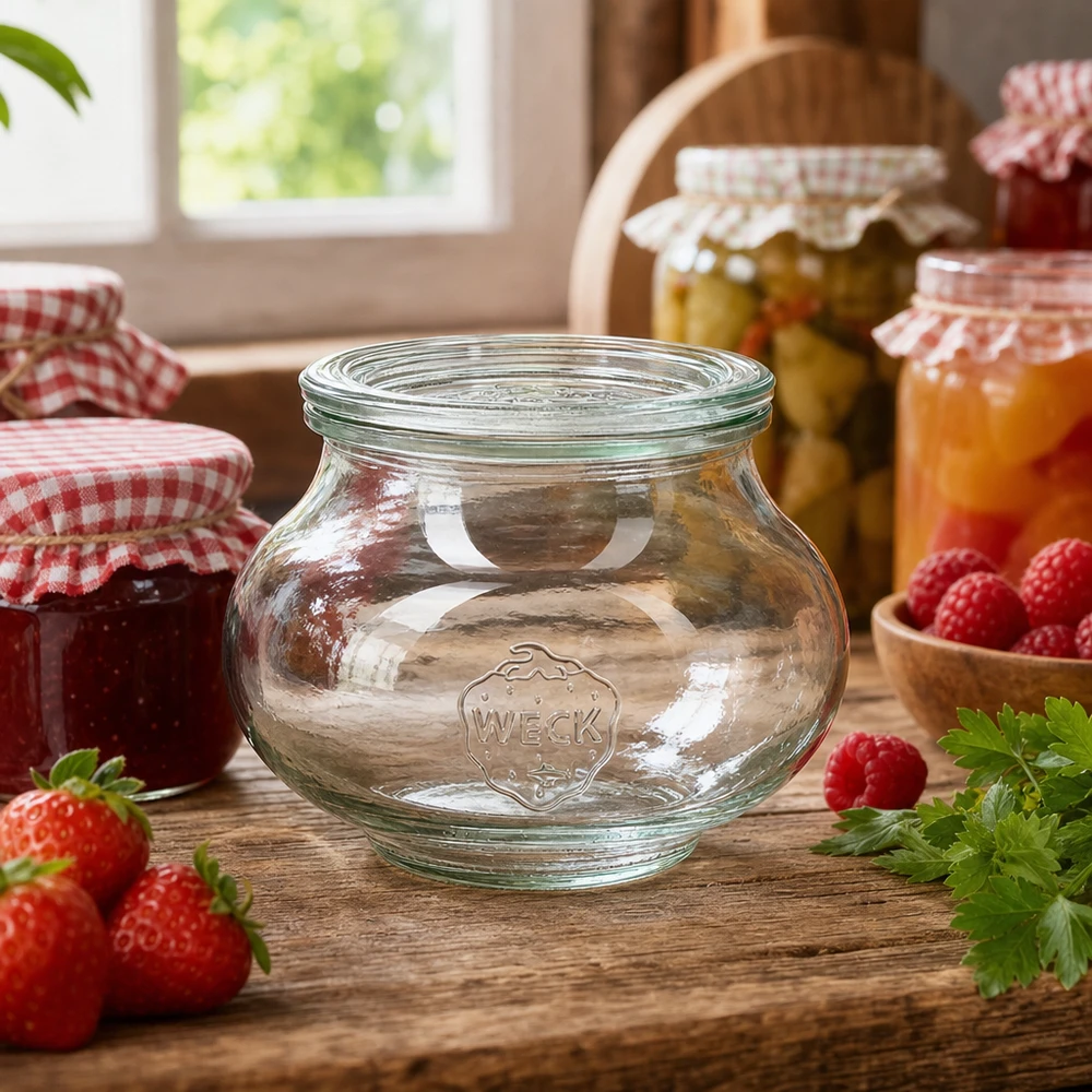 Szklany słoik ozdobny o pojemności 560 ml z szklaną pokrywką WECK RR80 Słoik na przetwory WECK RR80 560ml w rustykalnej kuchni ozdobiony słoikami na dżem, owoce i inne przetwory