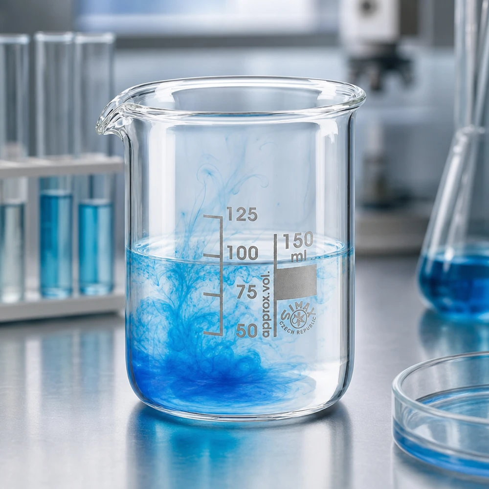 Zlewka 150 ml ze szkła borokrzemowego, niski kształt Zlewka z żaroodpornego szkła borokrzemowego 150 ml z niebieskim płynem o nowoczesnym, laboratoryjnym wyglądzie